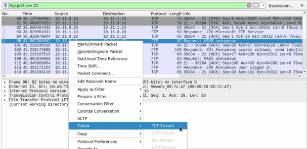We right click on the packet and then select Follow -> TCP Stream